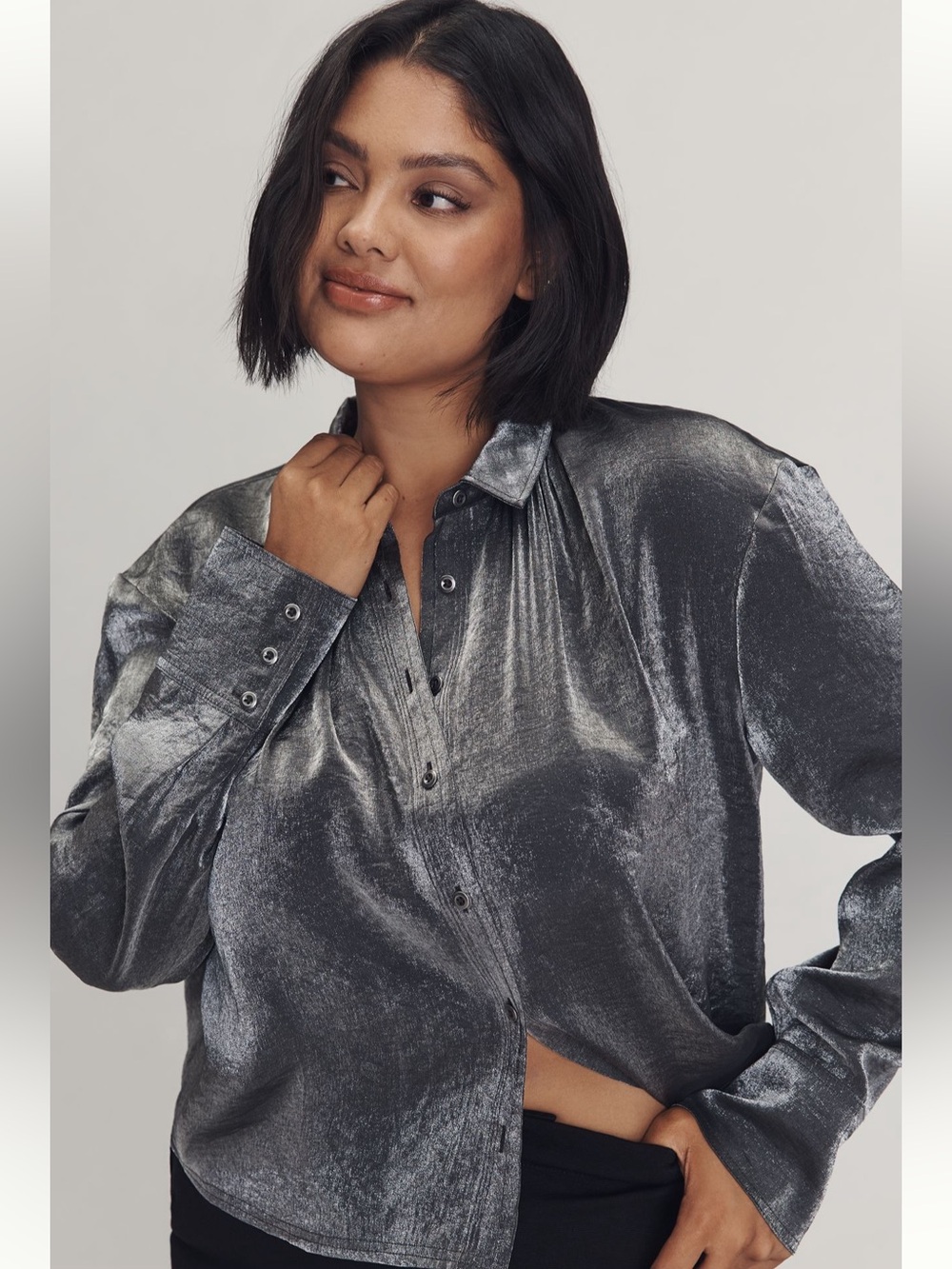 Pilcro Liquid Shine Silver Buttondown Shirt - Size 1X - BNWT